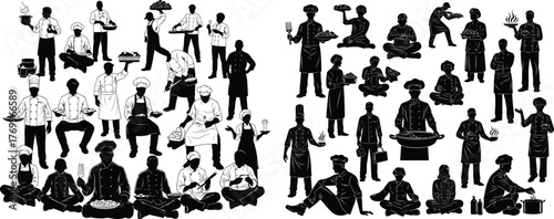 Silhouettes of professional chefs and cooks in various poses holding culinary tools and food items, ideal for restaurant branding