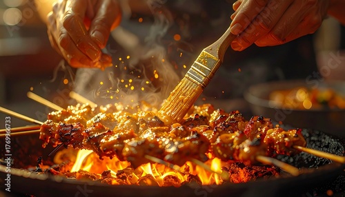 Macro shot of hands brushing marinade onto sizzling satay skewers, golden reflections from the fire, shallow depth of field, cinematic tone
