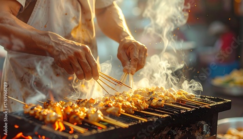 Close-up cinematic shot of a street vendor’s hands turning skewers of satay over charcoal fire, glowing embers, rising smoke, natural outdoor lighting, realistic food