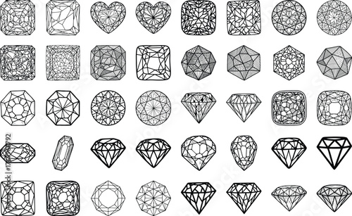 Varied collection of outlined diamond and gemstone shapes featuring intricate facets and geometric cuts