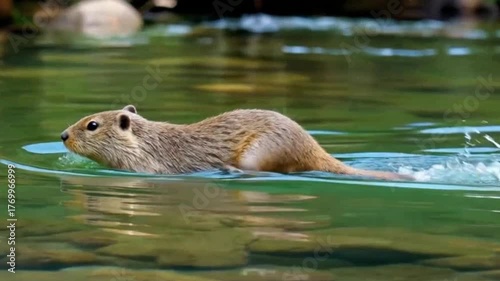 A small, light brown rodent, possibly a groundhog or nutria, is swimming slowly in a stream with its head and front legs visible above the water surface.
