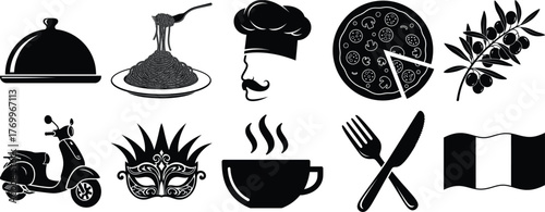 Collection of essential Italian cuisine and cultural symbols like a chef, pasta, pizza, and a scooter