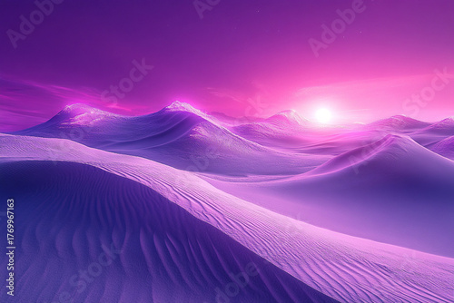 Fototapeta Naklejka Na Ścianę i Meble -  A surreal dreamscape with glowing neon sand dunes under a purple sky