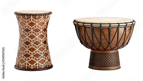 Two ethnic drums isolated on transparent background, percussion musical instruments