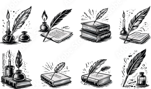 Vintage quill pen inkwell and candle writing illustrations book