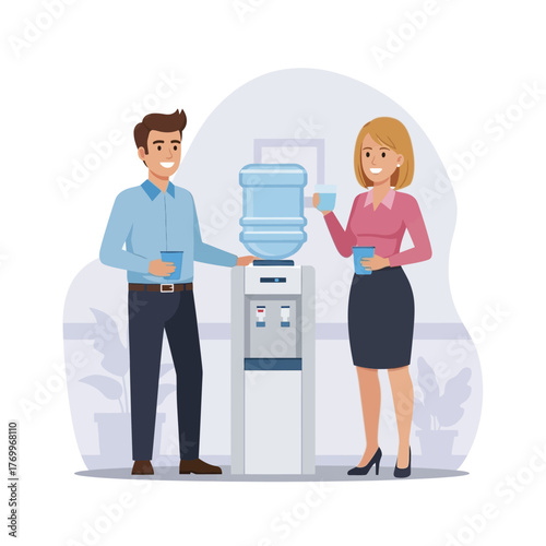 Man and Woman Enjoying Refreshments at Office Water Cooler.