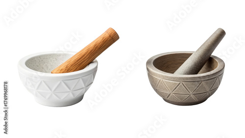 Two mortars and pestles, one white and one gray isolated on transparent background