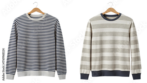 Two striped sweaters hanging on wooden hangers isolated on transparent background