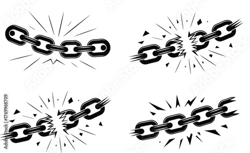 Black chain links breaking apart with sharp edges and radiating lines broken metal