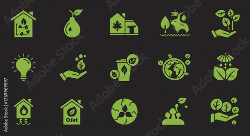 EcoFriendly Icons Green Symbols for Sustainability and Nature on Dark Textured Background.