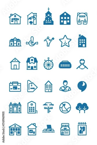 Modern blue icons showcase diverse buildings, people, and abstract shapes for business and lifestyle.