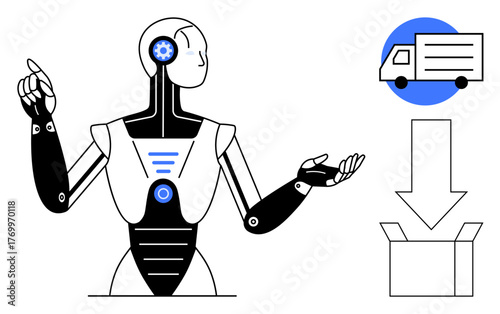 Human-thumbs up robot coordinating delivery flow with truck icon and open box. Ideal for automation, logistics, e-commerce, technology, supply chain, innovation, and communication themes