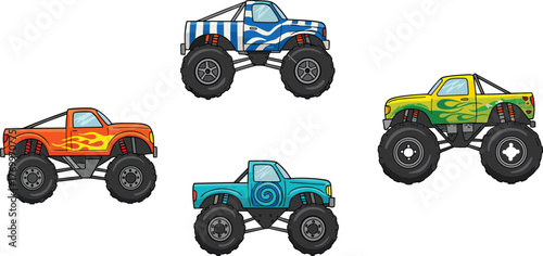 Cad drawing flat vector illustration, cartoon monster truck set, colorful flame design, kids vehicle clipart, off-road racing icons