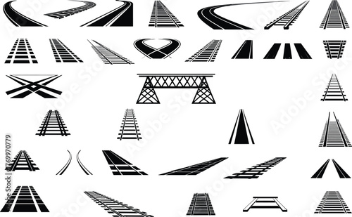 Collection of black and white railway track and road icons railroad train track