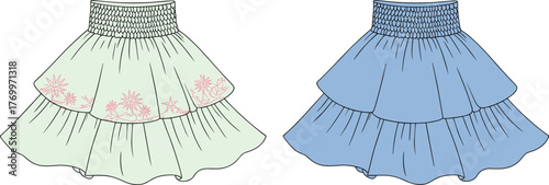 cad drawing flat vector illustration, tiered ruffle skirts, scalloped edges, floral embroidery, smocked waistband, fashion design, stylish girlswear, garment mockup, apparel sketch