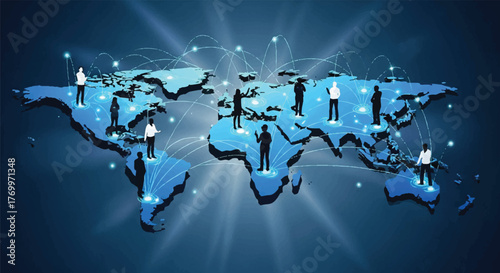 Global network of people connected across continents, illustrating worldwide communication and interconnectedness
