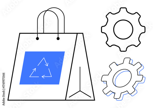 Shopping bag with recycling symbol flanked by two mechanical gears. Ideal for sustainability, eco-products, manufacturing, recycling, green initiatives, conscious consumerism, environmental