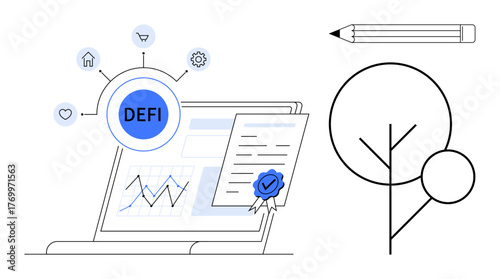 Laptop screen displaying charts, verified certificate, and DEFI linked symbols. Ideal for blockchain, finance, security, innovation, tech development, data management simple flat metaphor