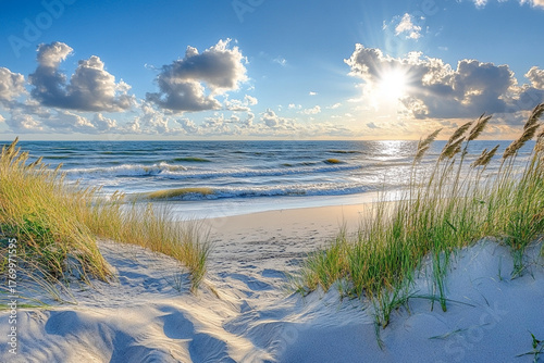 Fototapeta Naklejka Na Ścianę i Meble -  Sand dunes meeting the ocean, creating a stunning land-sea contrast