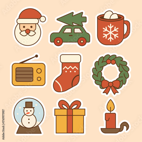 Set of Retro Vintage Christmas Stickers and Doodles - Classic Holiday Icon Collection, Santa Claus and Winter Vector