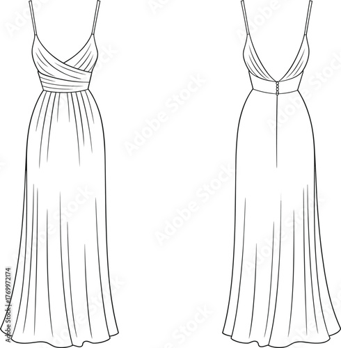Elegant long dress sketch, front and back view, fashion illustration, pleated gown, wrap bodice, cad drawing, flat vector, garment design