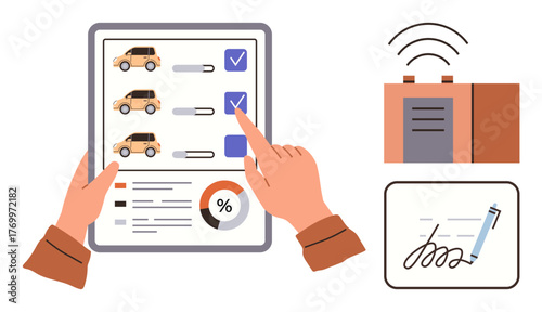 Person interacting with a tablet displaying vehicle options, selection process, chart analysis, remote tracking device, and a signed document. Ideal for logistics, fleet management, digital