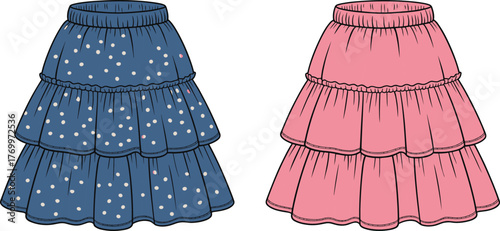 cad drawing flat vector illustration, tiered skirts, polka dot pattern, pink ruffle layers, girls fashion, children apparel, stylish clothing, garment mockup, design sketch