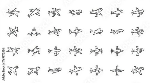 Diverse airplane icons illustrating modern aviation, travel, and transportation concepts