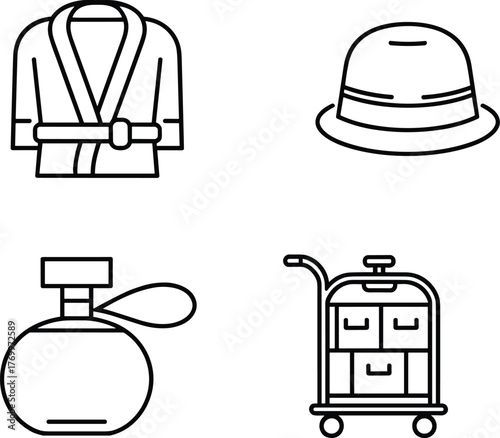 Luxury hotel and travel icon set, featuring bathrobe, fedora hat, perfume bottle, and luggage cart symbols, a flat vector illustration