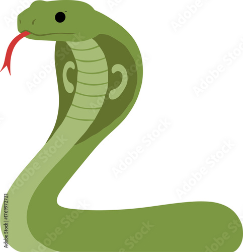 Simple Flat Illustration of Green Cobra Snake with Red Tongue Animal