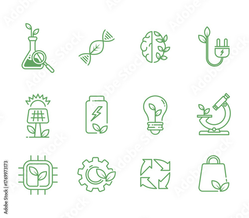 Ecology Icon set with line art style. Recycle, eco-friendly, sustainability, bio-tech vector, solar power, green energy symbols