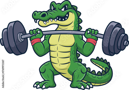 Cartoon alligator, muscular, barbell, weightlifting, strong pose, green skin, red wristbands, determined, expressive, fitness, gym, animal, character, animated, 