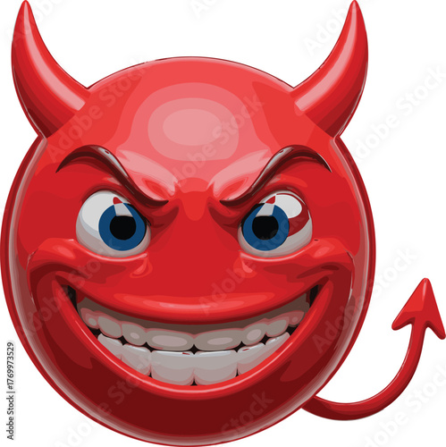 Devil emoji with horns and tail, mischievous grin, red face expression, playful wickedness, cad drawing flat vector illustration