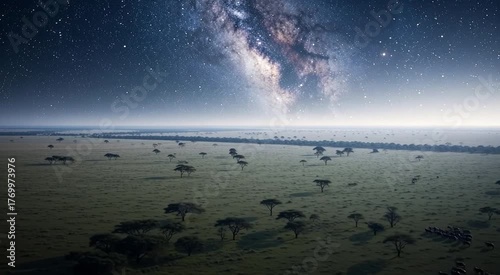 Aerial view of a wildebeest migration on the savanna under the Milky Way