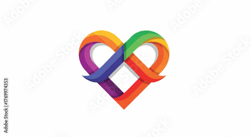 Dynamic colorful vector heart icon featuring interwoven ribbons in rainbow hues, symbolizing infinite love, unity, and diverse connections for a thriving community