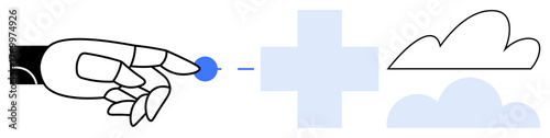 Robotic hand interacts with a digital element next to cloud icons and a plus sign. Ideal for technology, AI, cloud computing, science, innovation, digital transformation, connection. Simple flat