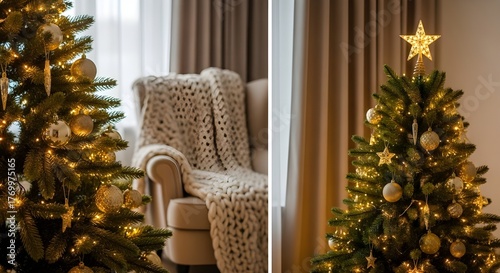 A cozy, intimate living room scene. In close-up, a lush Christmas tree sparkles with warm white fairy lights, glittering gold baubles, and a delicate star topper. Beside it, a soft beige armchair is d