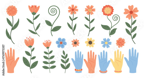 A charming collection of stylized spring flora and human hands, featuring various blooming flowers, green leaves, and diverse hands, some with gloves.