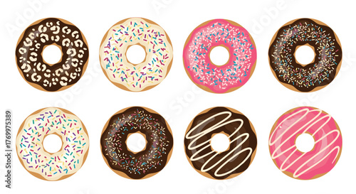 An appealing assortment of eight deliciously decorated donuts featuring a variety of glazes, sprinkles, and toppings, presented on a clean white background.