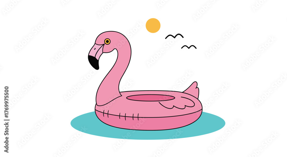 Fototapeta premium A cheerful pink flamingo pool float drifts serenely on calm blue water under a bright summer sun with birds flying by.