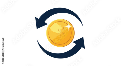 A bright golden dollar coin featuring a dollar sign symbol, with two circular arrows depicting continuous financial exchange or money flow.