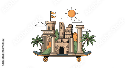A whimsical graphic illustration depicting ancient ruins, a castle, and palm trees on a skateboard under a sunny sky, blending history with adventure.