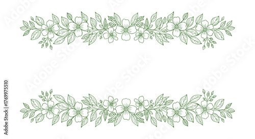 Elegant green floral line art borders featuring delicate flowers and leaves, forming decorative botanical frames for various design projects.