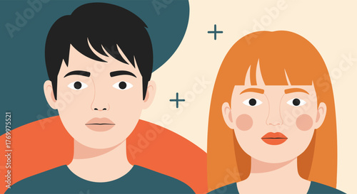 Flat design illustration of a man and a woman with abstract shapes and symbols, representing connection and individuality.