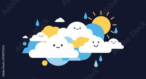 A whimsical illustration of happy cartoon clouds raining under a peeking sun, symbolizing a mix of sunny and rainy weather.