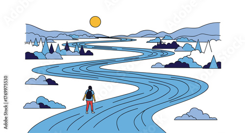 An individual embarks on a journey along a winding blue river, with mountains, trees, and a sun in the peaceful landscape.