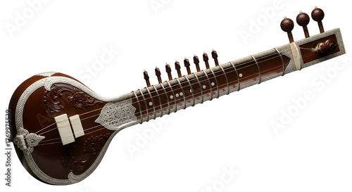 Ornate Sitar Musical Instrument Isolated on Black - Traditional Indian String Instrument, World Music