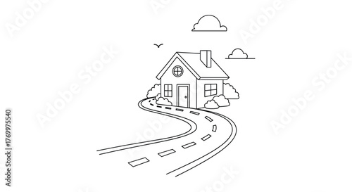Simple line drawing of a charming house nestled at the end of a winding road, with clouds and a bird, ready for coloring.