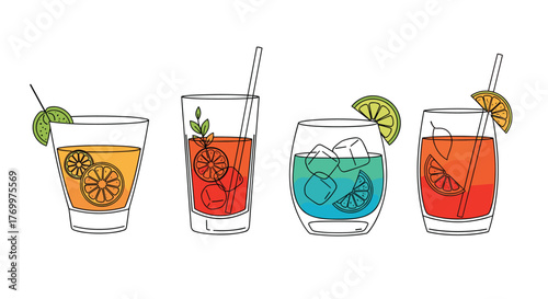 A vibrant collection of four different cocktails and refreshing beverages, garnished with citrus slices and ice, perfect for summer drinks.