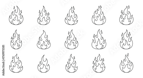 Set of fifteen hand-drawn outline flame icons in various stylized shapes, depicting fire and heat elements on a clean white background.